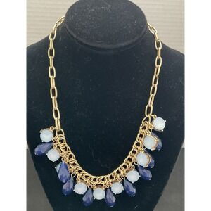 Talbots Two Toned Blue Beaded Gold-Tone Bib Necklace Vintage Costume Jewelry